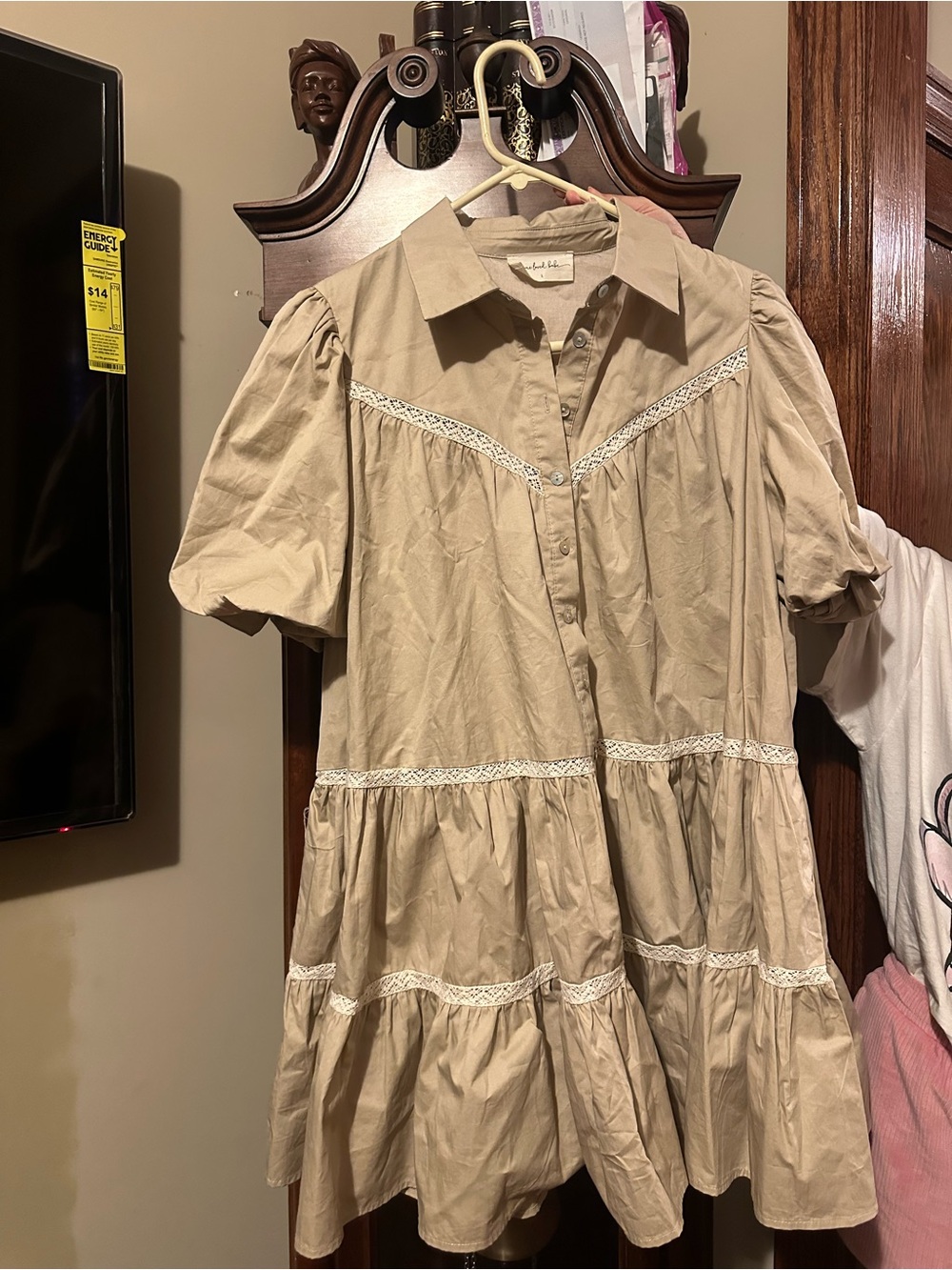 Women's Beige Tiered Button-Front Dress with Lace Trim